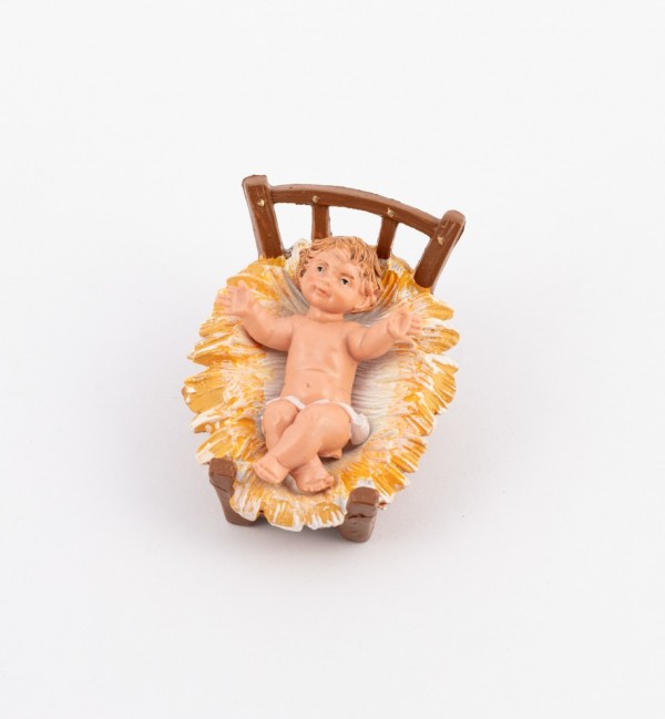 Niño y cuna para belén en color tradicional, 10 cm.